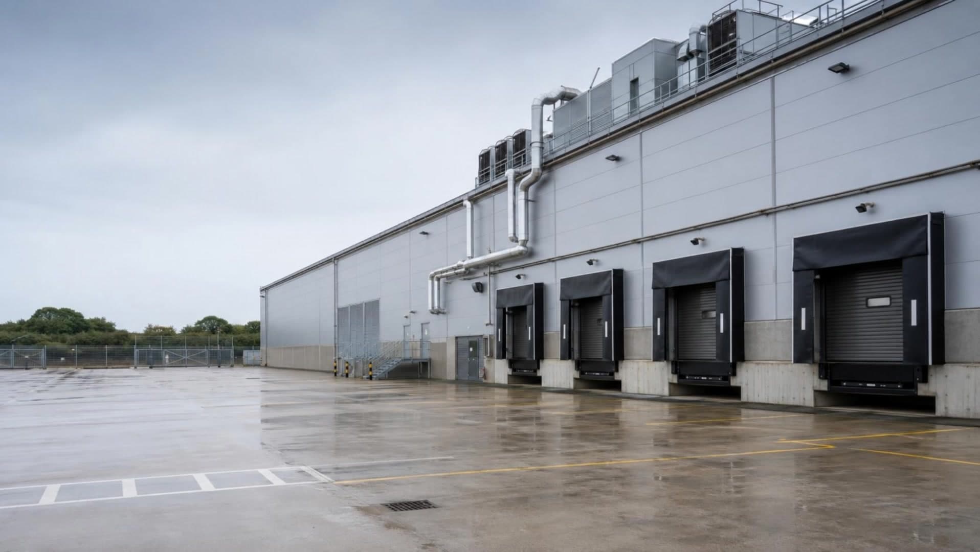 Loading doors along the service yard of a distribution site.