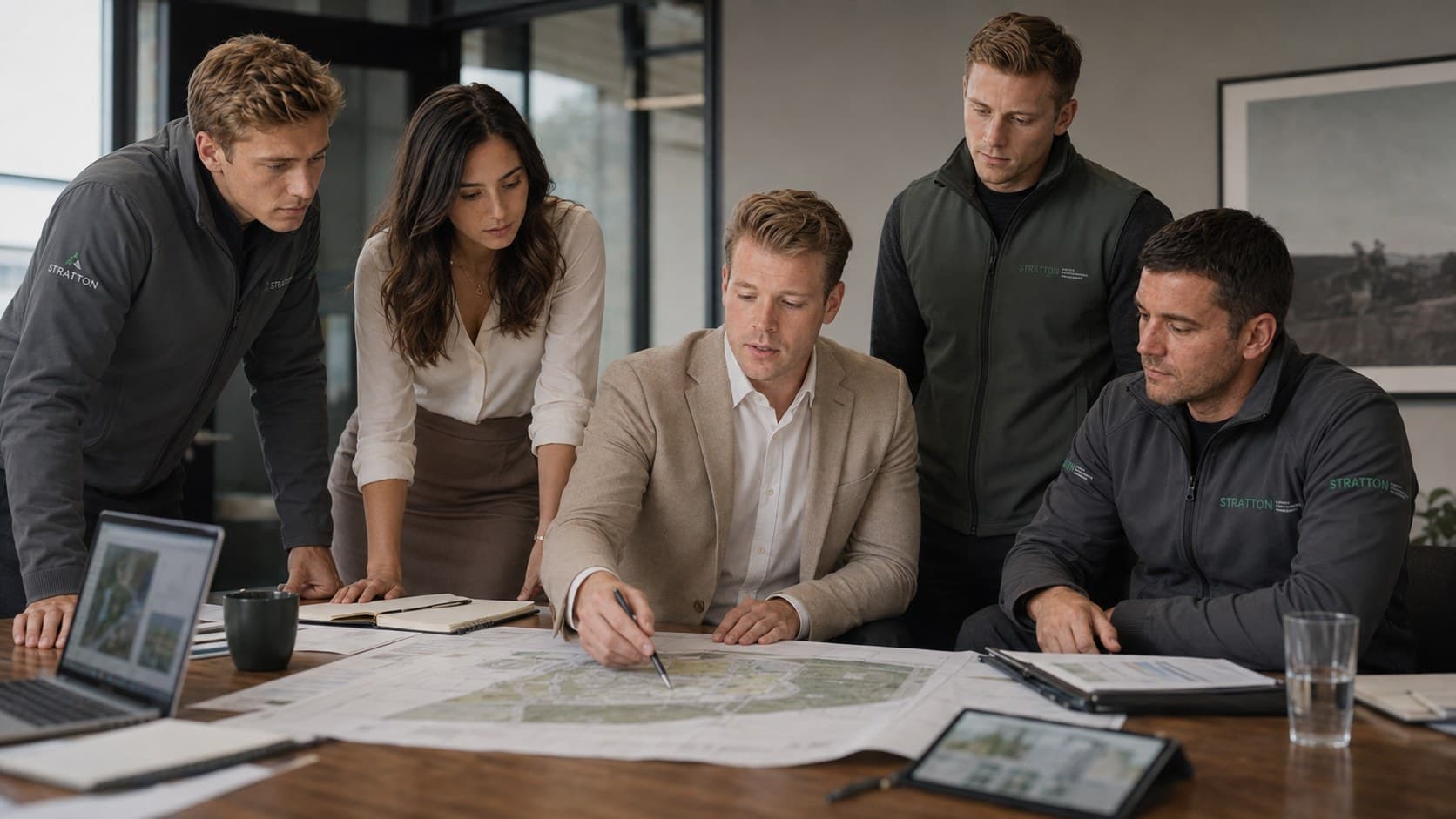 The Stratton team reviewing a marked-up site plan with a client.