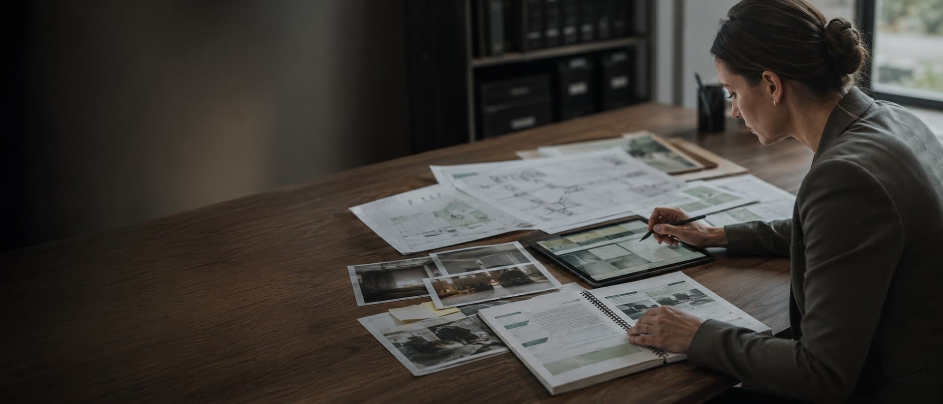 A Stratton specialist working through site plans and survey photographs at a desk.