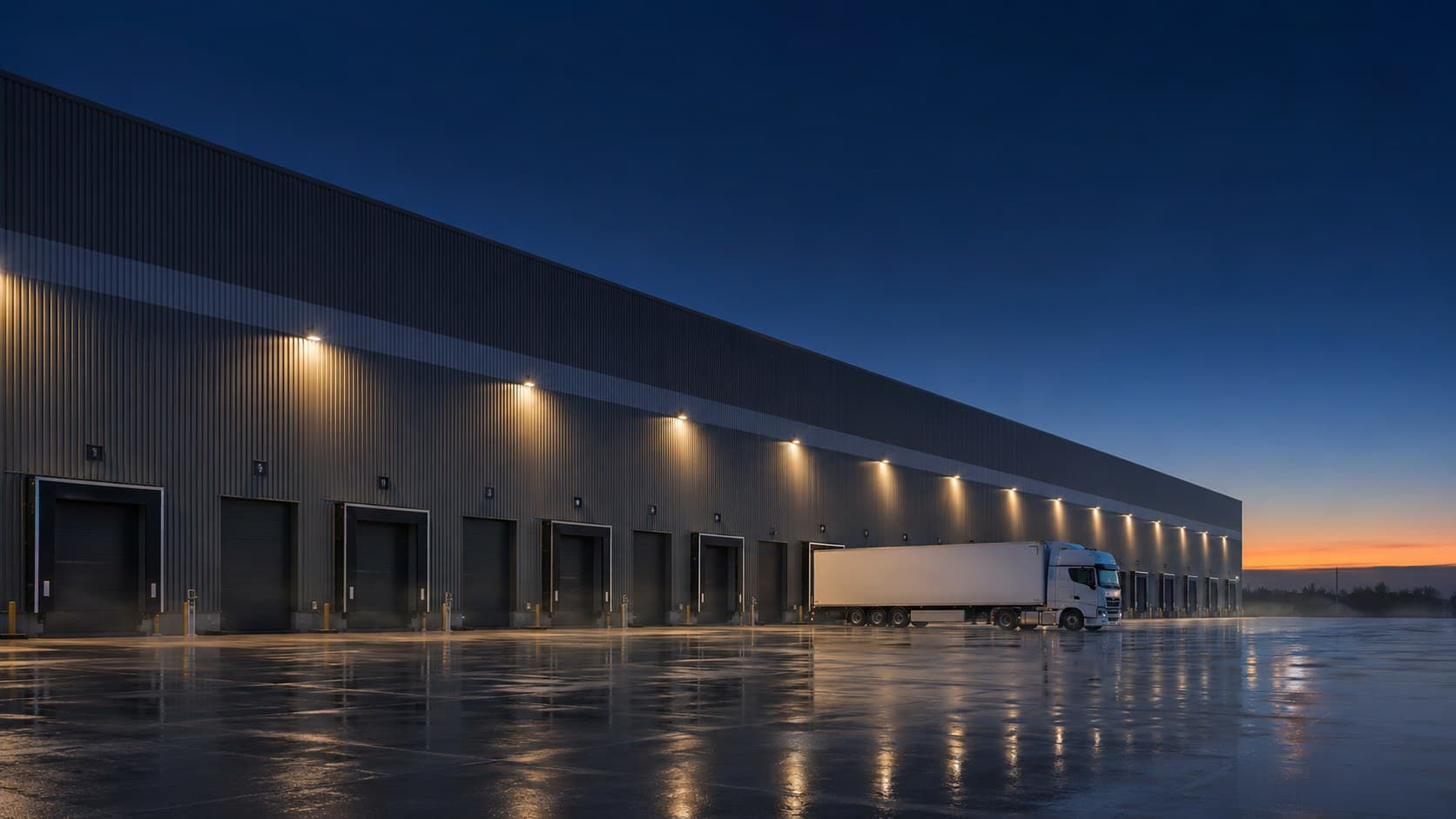 A distribution warehouse at dusk, loading bays lit along its elevation.