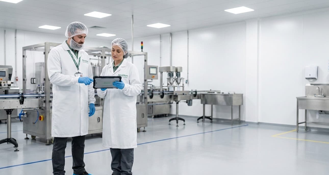 Two Stratton specialists in hygiene clothing reviewing a record in a food-production hall.