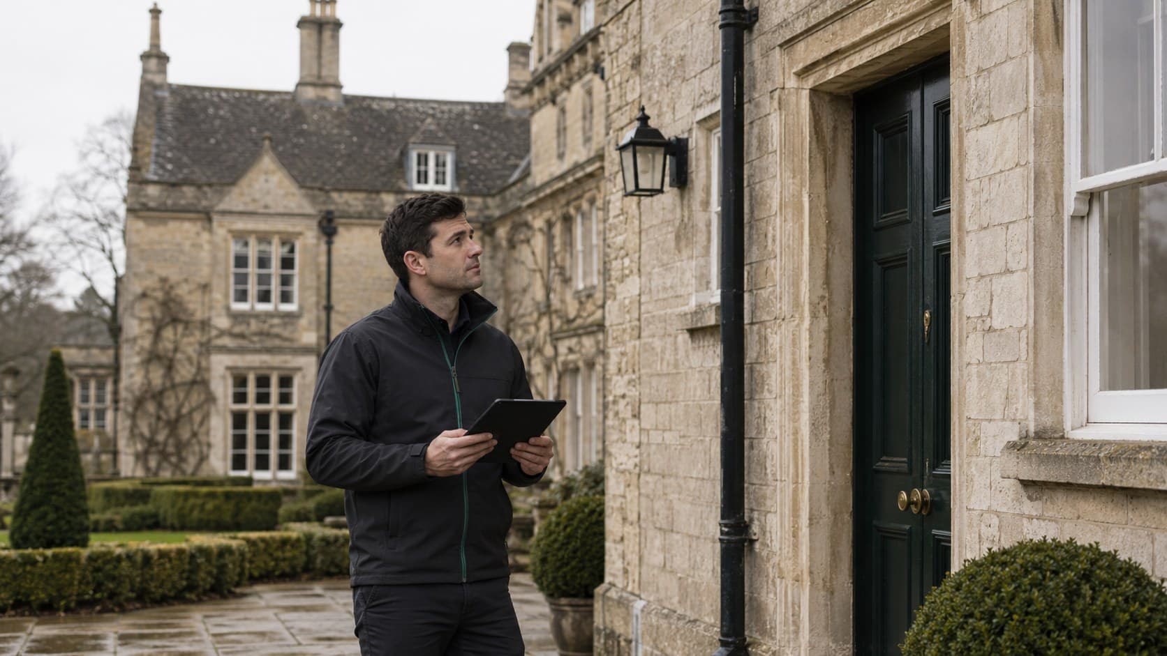 A Stratton specialist surveying the entrance of a heritage estate building.