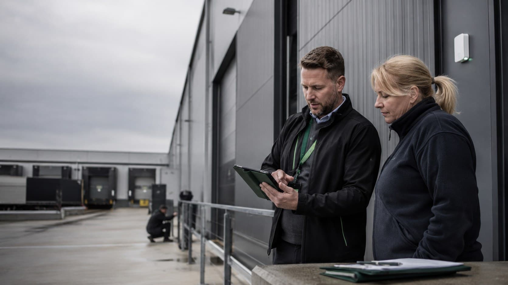 Stratton staff reviewing findings on a tablet outside a warehouse.